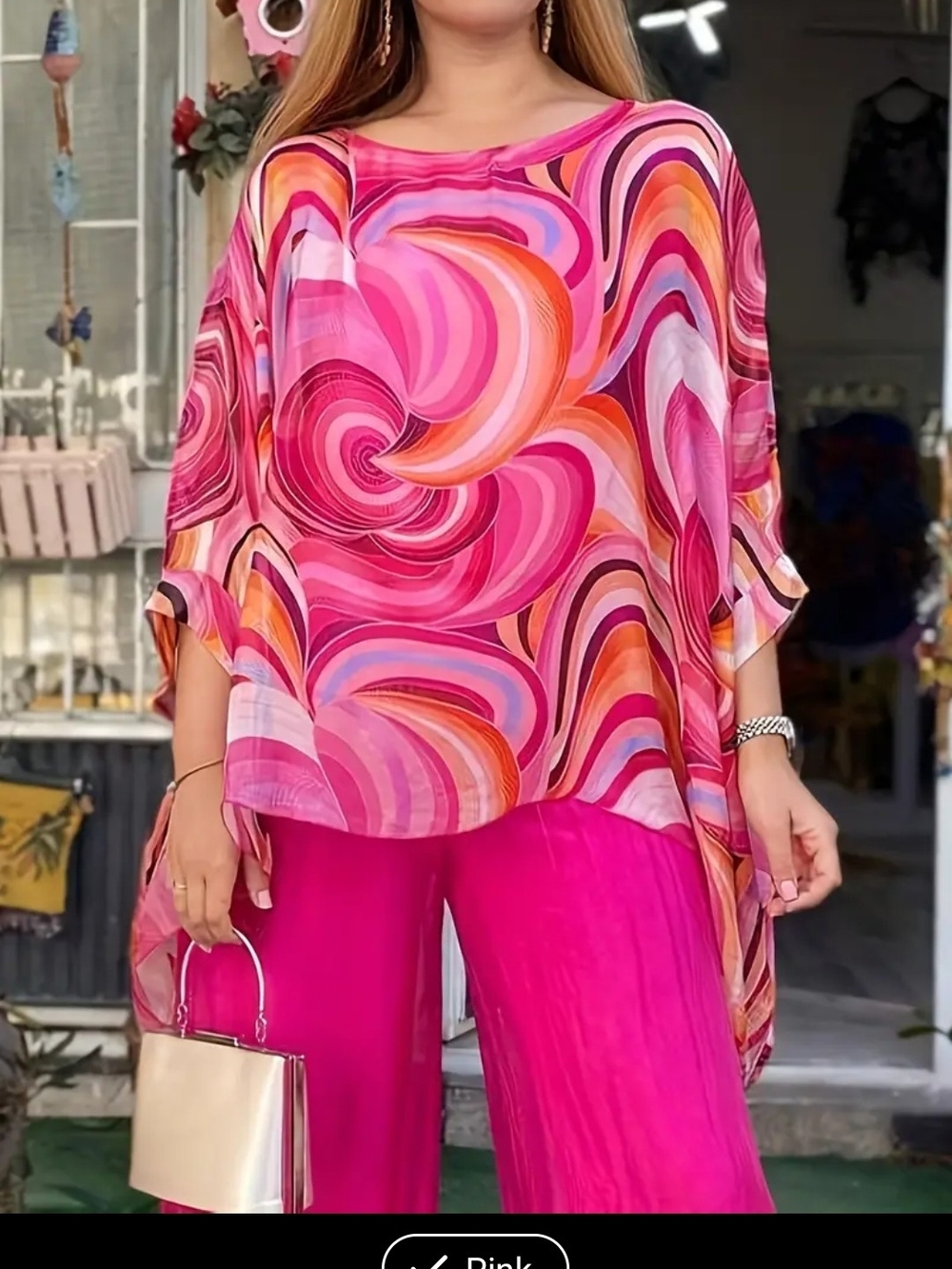 Pink Swirl Print Relaxed Top & Pants Set Women's 2 Piece Loungewear Boho